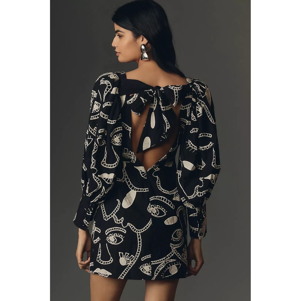Farm Rio Farm Rio Richelieu Faces Long Sleeve Back Bow Mini Dress Size XS NWT - Picture 2 of 8